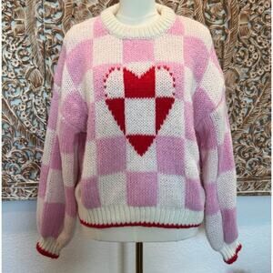 NWT Luna Ivy Size SMALL Pink Cream Checkered Heart Chunky Knit Sweater